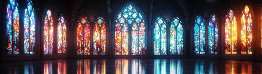 Fototapeta premium A virtual cathedral filled with stained glass windows that transform into animated stories as users gaze at them