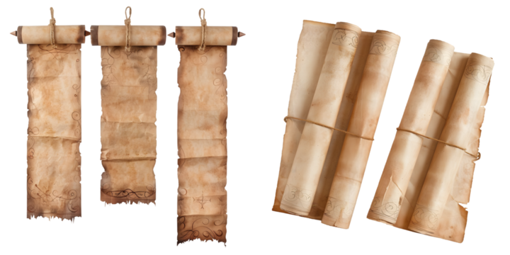 Wide old paper scrolls or banners set. Generative AI.