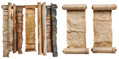 Wide old paper scrolls or banners set. Generative AI.