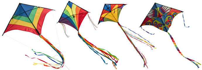 A set with beautiful brightly colored kites on a transparent background. Entertainment and party concept. National Kite Flying Day