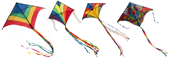 A set with beautiful brightly colored kites on a transparent background. Entertainment and party concept. National Kite Flying Day