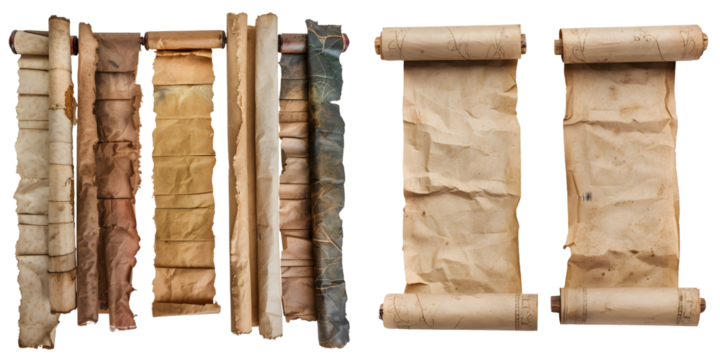 Wide old paper scrolls or banners set. Generative AI.