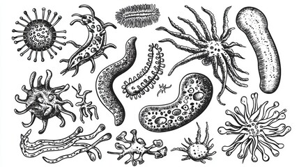 High-Quality Illustration Set Featuring Various Bacteria and Viruses in Detailed Artistic Style