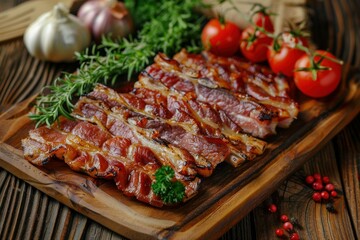 Delicious fried bacon slices lying on wooden cutting board surrounded by tomatoes, garlic, rosemary and spices on old wooden table