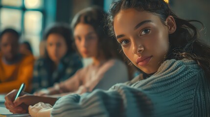 Young Girl in a Classroom with a Curious and Thoughtful Expression Amid a Group Learning Session