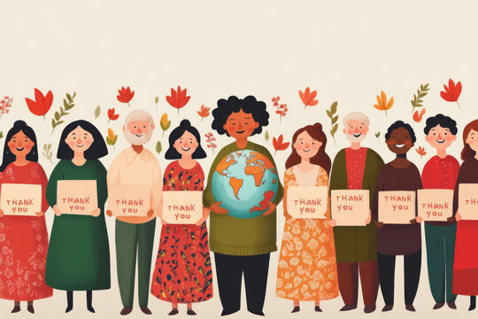 Diverse group of people united in gratitude with signs expressing thanks in many languages around a globe. International Thank You Day.