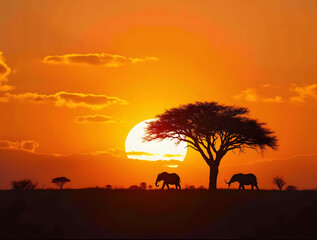 Naklejka premium Silhouette of big acacia tree on savanna plains with african elephant. Sunset or sunrise in Africa. Wildlife, panoramic view of Kenya. Black history month concept. World rhino day. Animal protection.