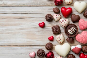 Festive Valentine's Day flat lay featuring chocolates and heart decorations on rustic wooden table