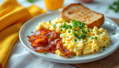 Delicious Scrambled Eggs with Bacon and Toast Breakfast