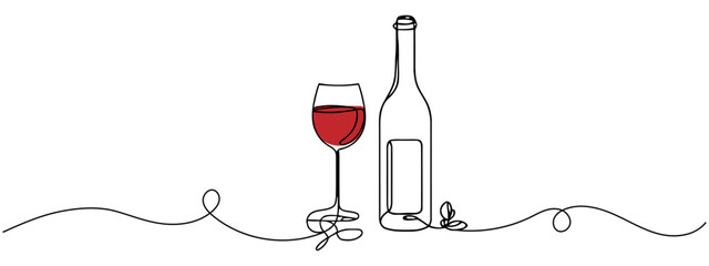 continuous line of wine bottles and glasses.one line drawing vector of wine bottles and glasses.wine drawn in one simple line, Beer glass and bottle one continuous line drawing vector illustration.