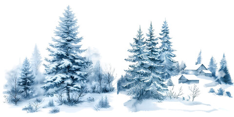 Obraz premium Winter landscape clipart. Spruce tree foggy forest. Village scene in dusty blue monochrome colors. Christmas card. Watercolor illustration 3D rendering. Generative AI.