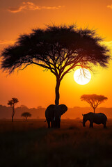 Obraz premium Silhouette of big acacia tree on savanna plains with african elephant. Sunset or sunrise in Africa. Wildlife, panoramic view of Kenya. Black history month concept. World rhino day. Animal protection.