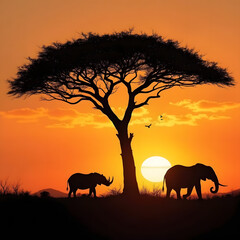 Fototapeta premium Silhouette of big acacia tree on savanna plains with african elephant. Sunset or sunrise in Africa. Wildlife, panoramic view of Kenya. Black history month concept. World rhino day. Animal protection.