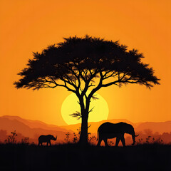 Fototapeta premium Silhouette of big acacia tree on savanna plains with african elephant. Sunset or sunrise in Africa. Wildlife, panoramic view of Kenya. Black history month concept. World rhino day. Animal protection.