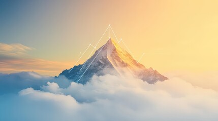 A mountain peak visualized as a growth graph, golden hues, dreamy clouds, photorealistic yet artistic execution