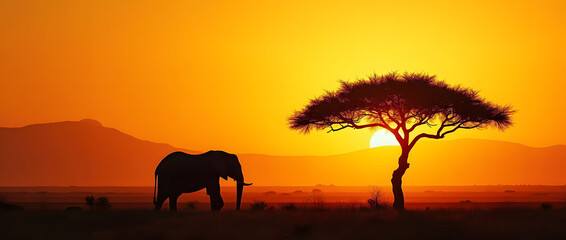 Fototapeta premium Silhouette of big acacia tree on savanna plains with african elephant. Sunset or sunrise in Africa. Wildlife, panoramic view of Kenya. Black history month concept. World rhino day. Animal protection.
