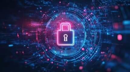 A holographic lock symbol surrounded by swirling, glowing patterns of cryptographic algorithms