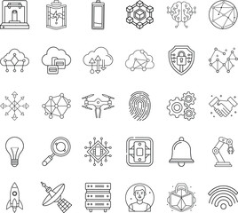 Naklejka premium Technology Icons Network, Cloud, AI, IoT, and Automation Symbols
