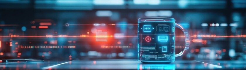 A holographic travel mug with glowing interface icons, set on a sleek hightech desk with futuristic gadgets, scifi digital art, sharp and clean lines