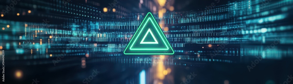 Poster a glowing triangular caution icon inside a dark, abstract vortex of data streams, neon green and bla