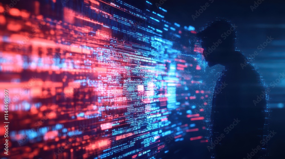 Poster a hacker s shadowy figure repelled by a glowing security barrier, with fragments of data reflecting 
