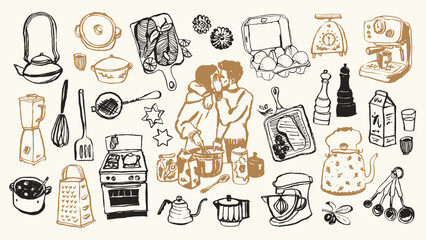 Minimal vector hand drawn food and beverage doodles collection. Art for postcards, posters, branding, logo design, background, social media.