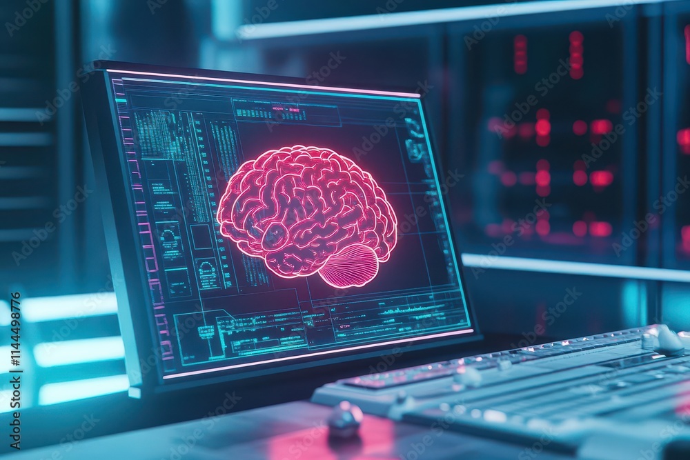 Poster a glowing brain as the central console in a control room, pulsating energy waves, digital holographi
