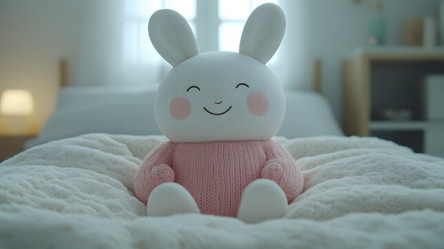 Cute papercut bunny with soft layered shapes, big round cheeks, and joyful expression
