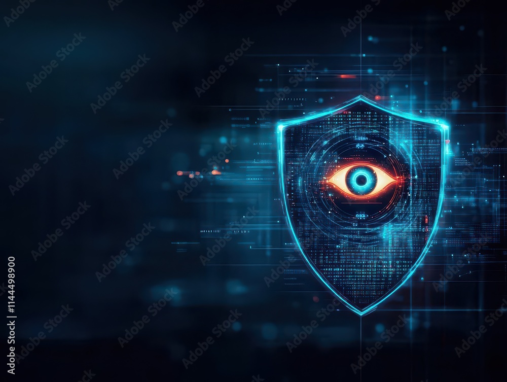 Poster a glowing eye symbol representing spyware, contrasted against a strong shield of encrypted data prot