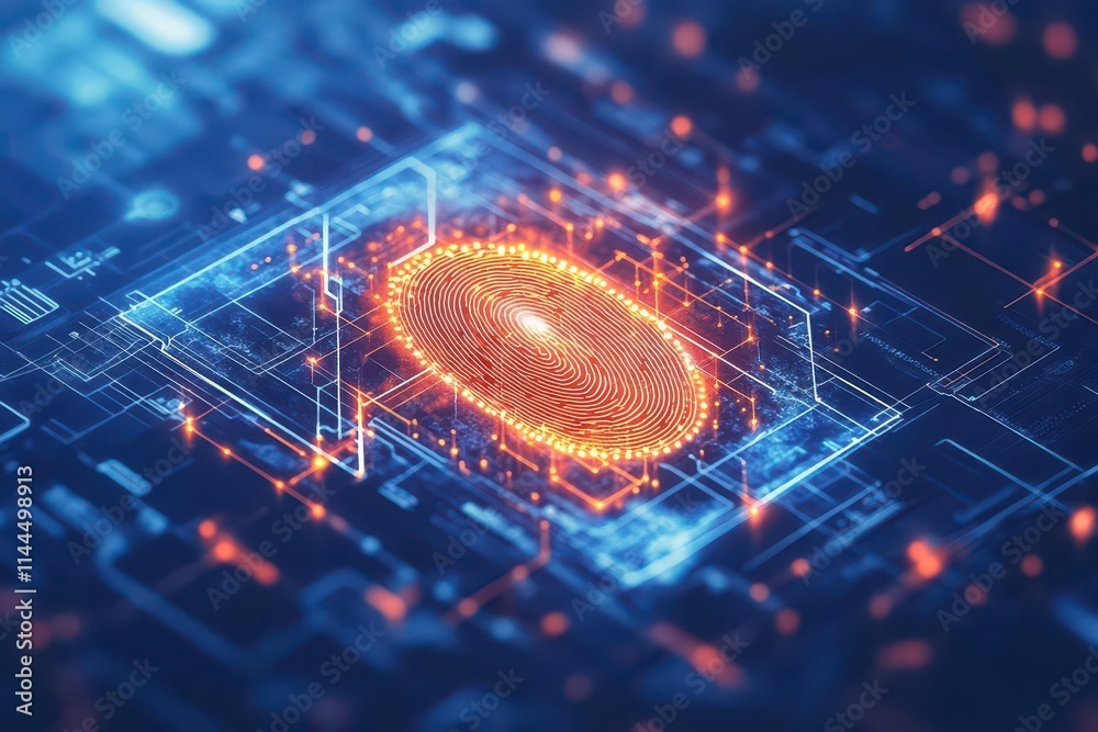Aufkleber A glowing fingerprint surrounded by protective digital layers, shielding it from spyware trying to infiltrate the system