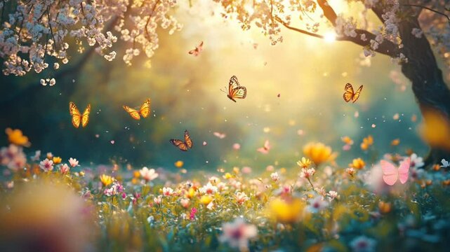 Butterflies fluttering over vibrant spring meadow with blooming flowers and sunlight. Seasonal nature concept Seamless looping 4k time-lapse animation video background