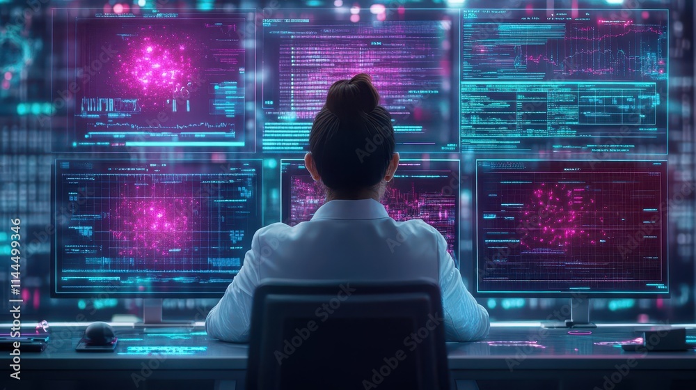 Poster A female data security officer in a hightech command center, analyzing spyware attacks on multiple holographic screens