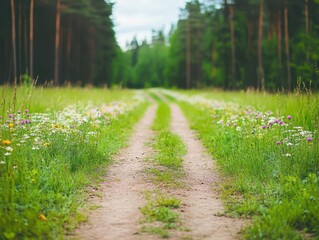 Obraz premium A forgotten dirt track overgrown with grass and wildflowers, surrounded by a peaceful forest, soft pastel colors, vintage aesthetic