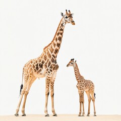 Naklejka premium A mother and baby giraffe stand together in a white background