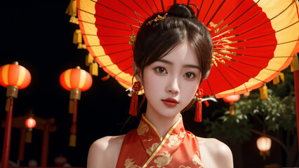 Beautiful Asian Woman Celebrating Chinese New Year Festival in Traditional Clothes