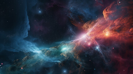 Cosmic Dance of Nebulae: A breathtaking vista of celestial wonders, showcasing vibrant nebulae in hues of teal, crimson, and amber, set against a backdrop of twinkling stars.