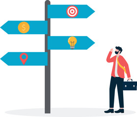 A man stands in front of a signboard to start a business, an illustration to explore business, market prediction, journey to success.
