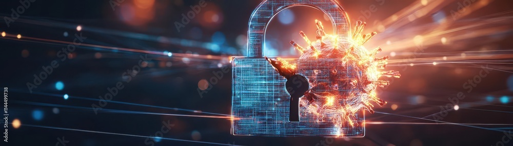 Poster a dramatic closeup of a padlock icon cracked open by a fiery digital virus, with glowing lines in th
