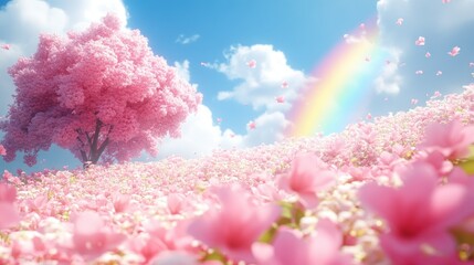 Fototapeta premium A vibrant landscape with pink flowers and a rainbow.