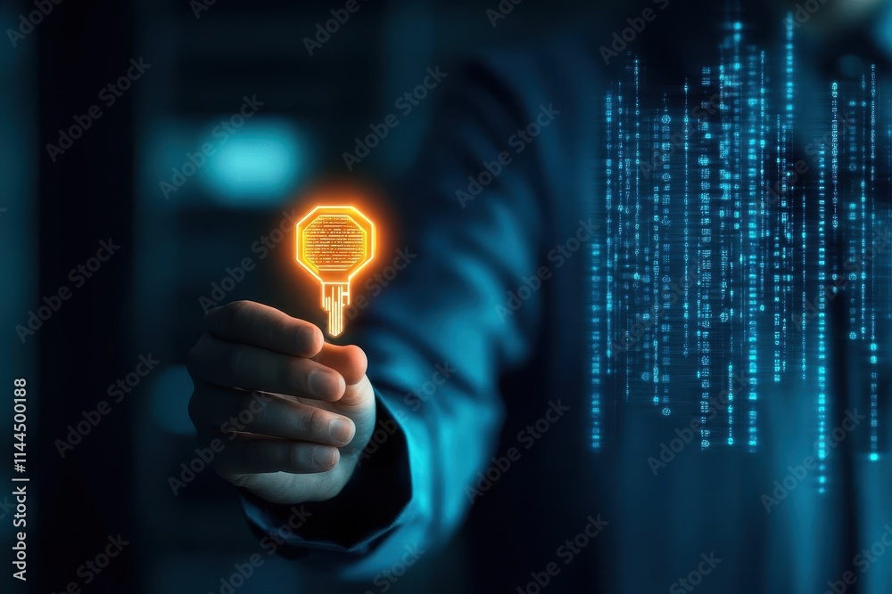 Poster a cybersecurity specialist holding a glowing holographic key, defending a network against a swarm of