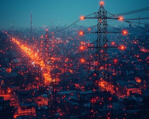 Smart Grid Interface Overlaying Illuminated Urban Cityscape at Night