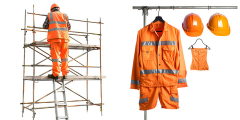 Workers safety uniform on scaffolding,copy space.beautiful background in construction site. Generative AI.