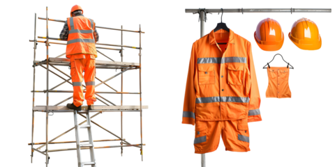 Workers safety uniform on scaffolding,copy space.beautiful background in construction site. Generative AI.