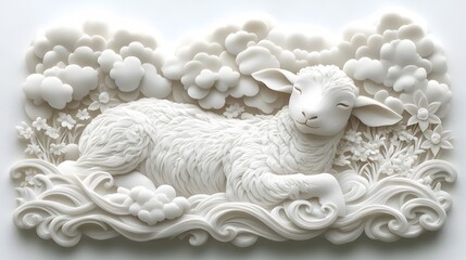 Obraz premium Papercut lamb in a serene pose, layered soft textures, gentle pastel tones