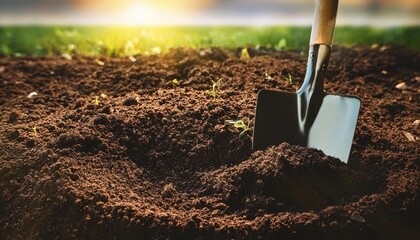  A shovel digging into fresh soil, symbolizing new projects, beginnings, or groundbreaking work