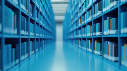 A digital library filled with ebooks and resources for online learning, front view, illustrating resource availability, scifi tone, monochromatic color scheme