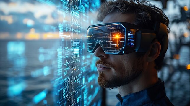 Renewable Energy Manager at Offshore Wind Farm Monitoring Digital Metrics on Tablet Open Sea Background