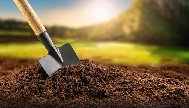  A shovel digging into fresh soil, symbolizing new projects, beginnings, or groundbreaking work
