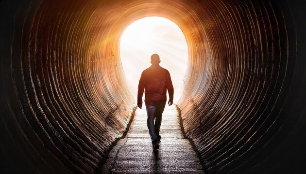 A person stepping from a dark tunnel into bright light, representing personal growth, healing, and new beginnings
