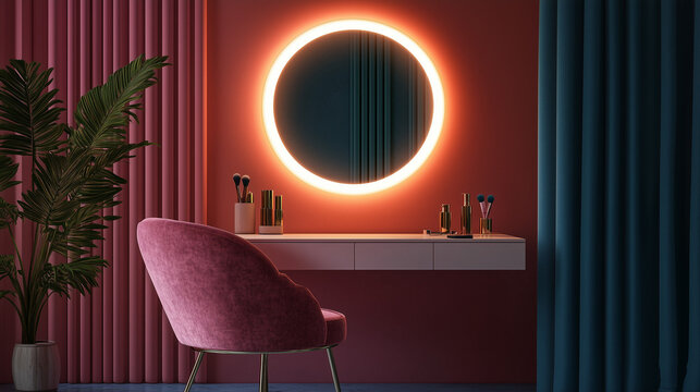 Toaletka wyposażona w okrągłe lustro z delikatnym podświetleniem i wygodne krzesło w odcieniu.